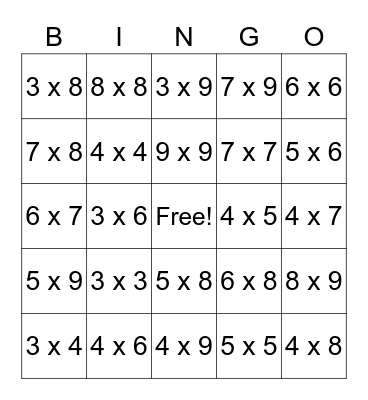 Multiplication Facts Bingo Card