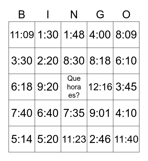 Spanish Bingo Card
