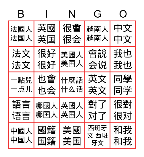 CH1 L3 Bingo Card