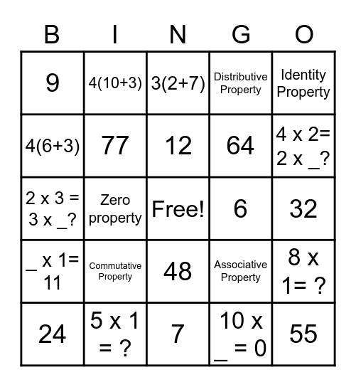 Multiplication Properties Bingo Card