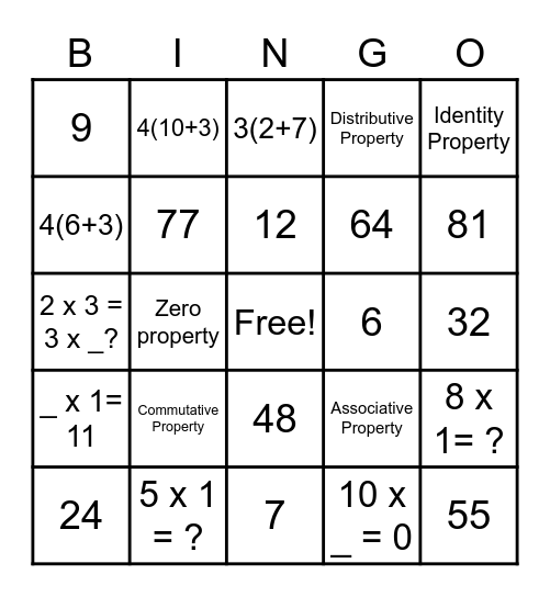 Multiplication Properties Bingo Card