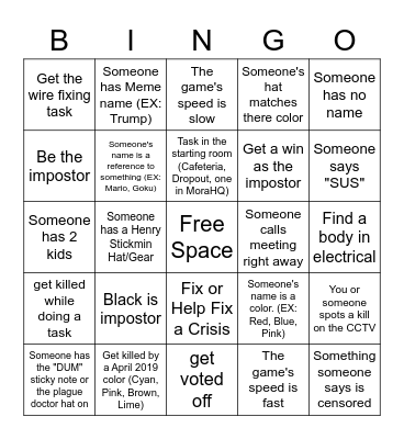 Among Us Bingo Card