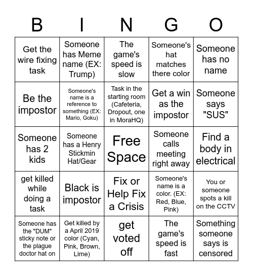 Among Us Bingo Card