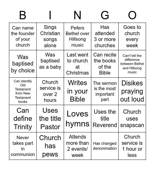 Get to know your church background Bingo Card