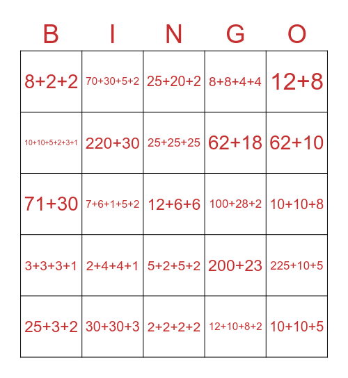 Decomposing Numbers Bingo Card