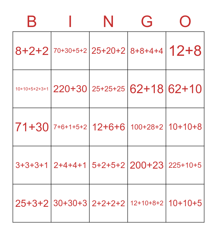 Decomposing Numbers Bingo Card