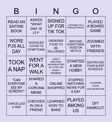 Quarantine Bingo Card