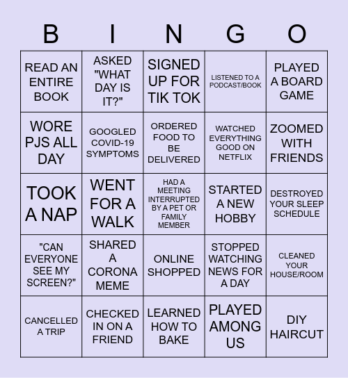 Quarantine Bingo Card