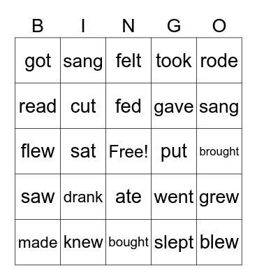 Irregular Verbs Bingo Card