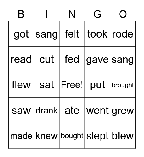 Irregular Verbs Bingo Card