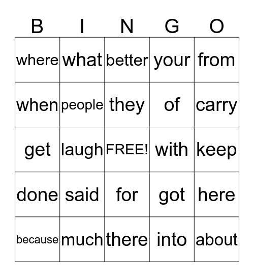 Sight Word BINGO Card