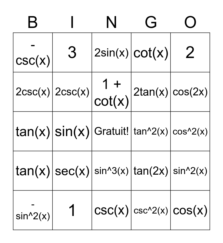 Trig Identities Bingo Card