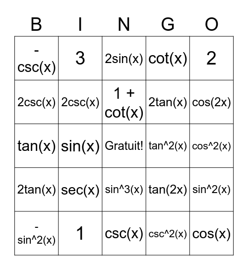 Identités Trigonométriques! Bingo Card
