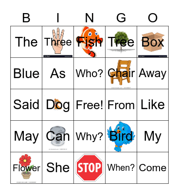 Sight Words Bingo Card