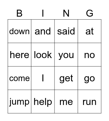 Sight Words Bingo Card