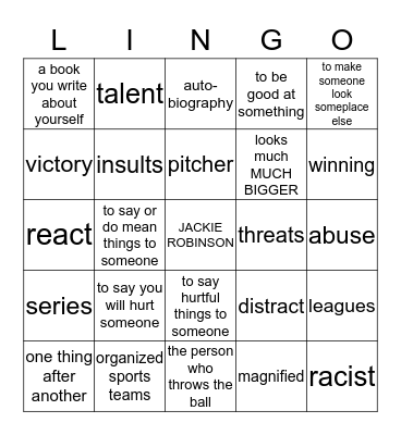 JACKIE ROBINSON LINGO Bingo Card