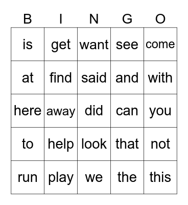 Sight Words Bingo Card