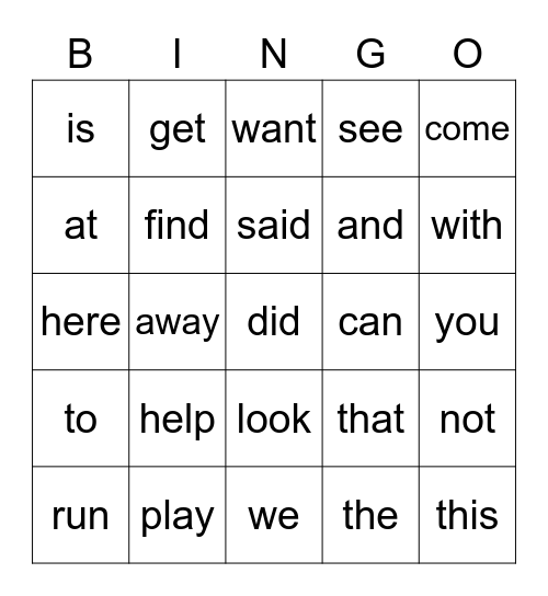 Sight Words Bingo Card