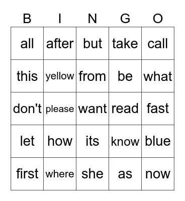 Sight Words Bingo Card