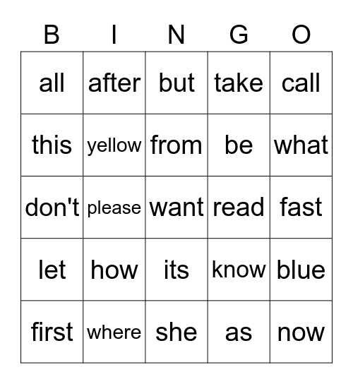 Sight Words Bingo Card