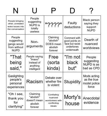 NUPD Comment Thread Bingo Card