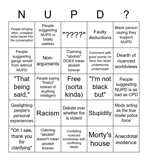 NUPD Comment Thread Bingo Card