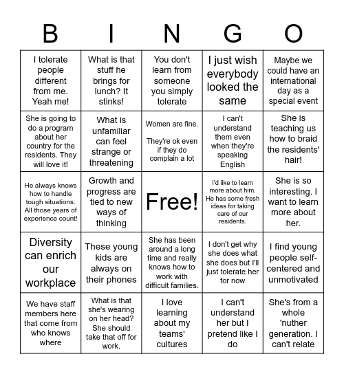 Diversity BINGO (Tolerate or Learn?) Bingo Card