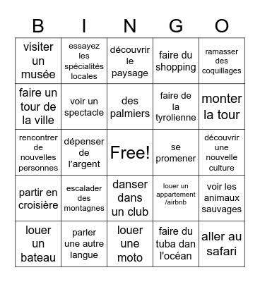 Pour parler des activités Bingo Card