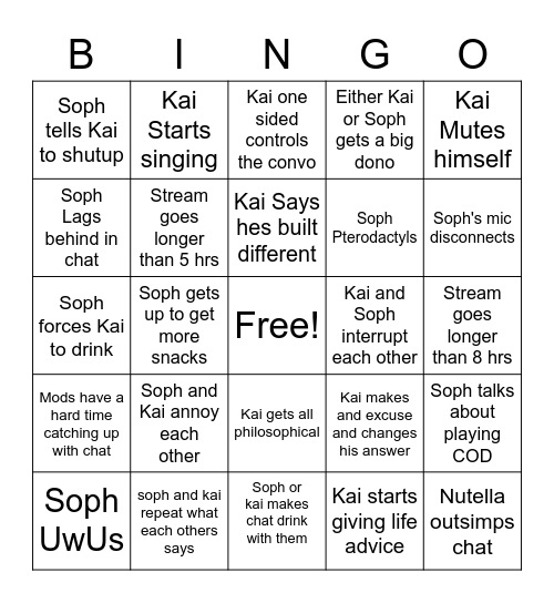 Costream Bingo Card