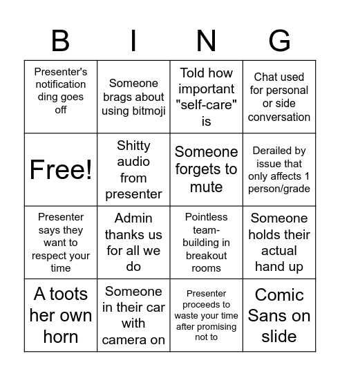 Staff Meeting Bingo Card