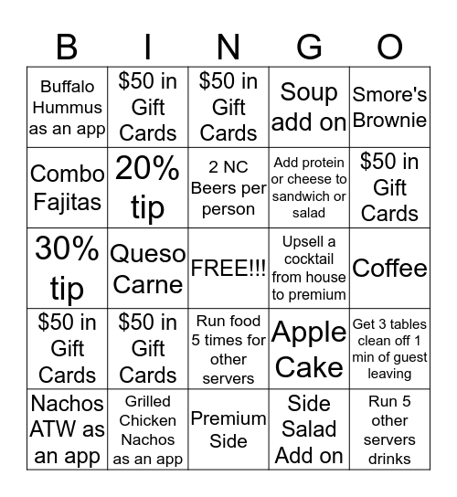 Upsell Bingo Card