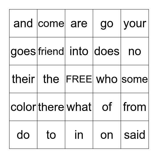 Sight Word Bingo Card