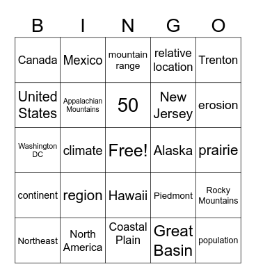 States, Regions and Land Bingo Card