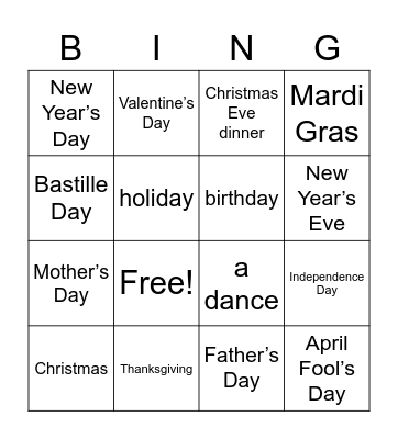Les Fêtes Bingo Card