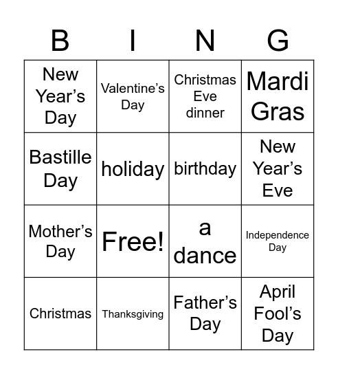 Les Fêtes Bingo Card