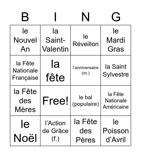 Les Fêtes (en français) Bingo Card