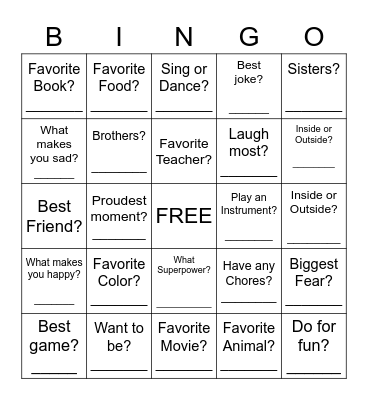 Getting to Know You!! Bingo Card