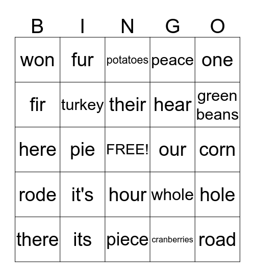 Homophones & Thanksgiving Bingo Card