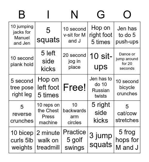 Manuel’s Fitness Bingo Card