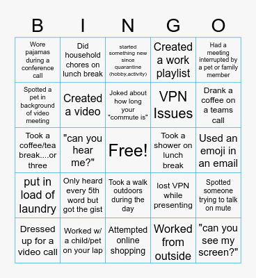 Remote Work Bingo Card