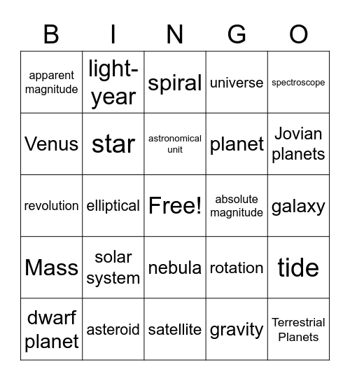 Universe and Solar System Bingo Card