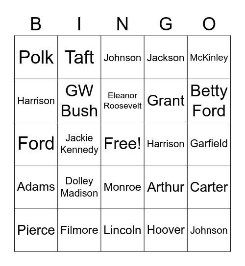 Presidents/ First Ladies Bingo Card