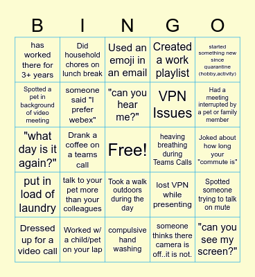Remote Work Bingo Card