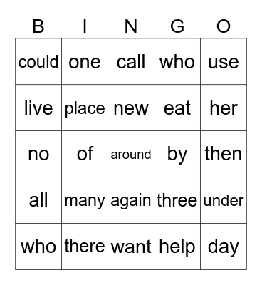 First Grade Unit 2 Bingo Card