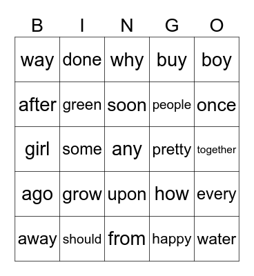 First Grade Unit 3 Bingo Card