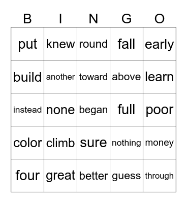 First Grade Unit 5 Bingo Card