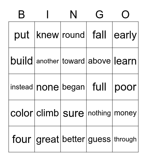 First Grade Unit 5 Bingo Card