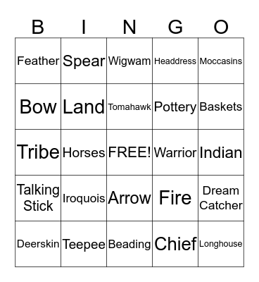Native American Bingo Card