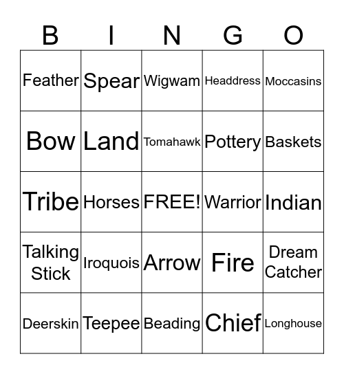Native American Bingo Card