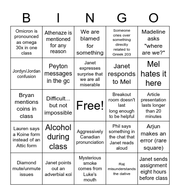 Greek 203 Bingo Card